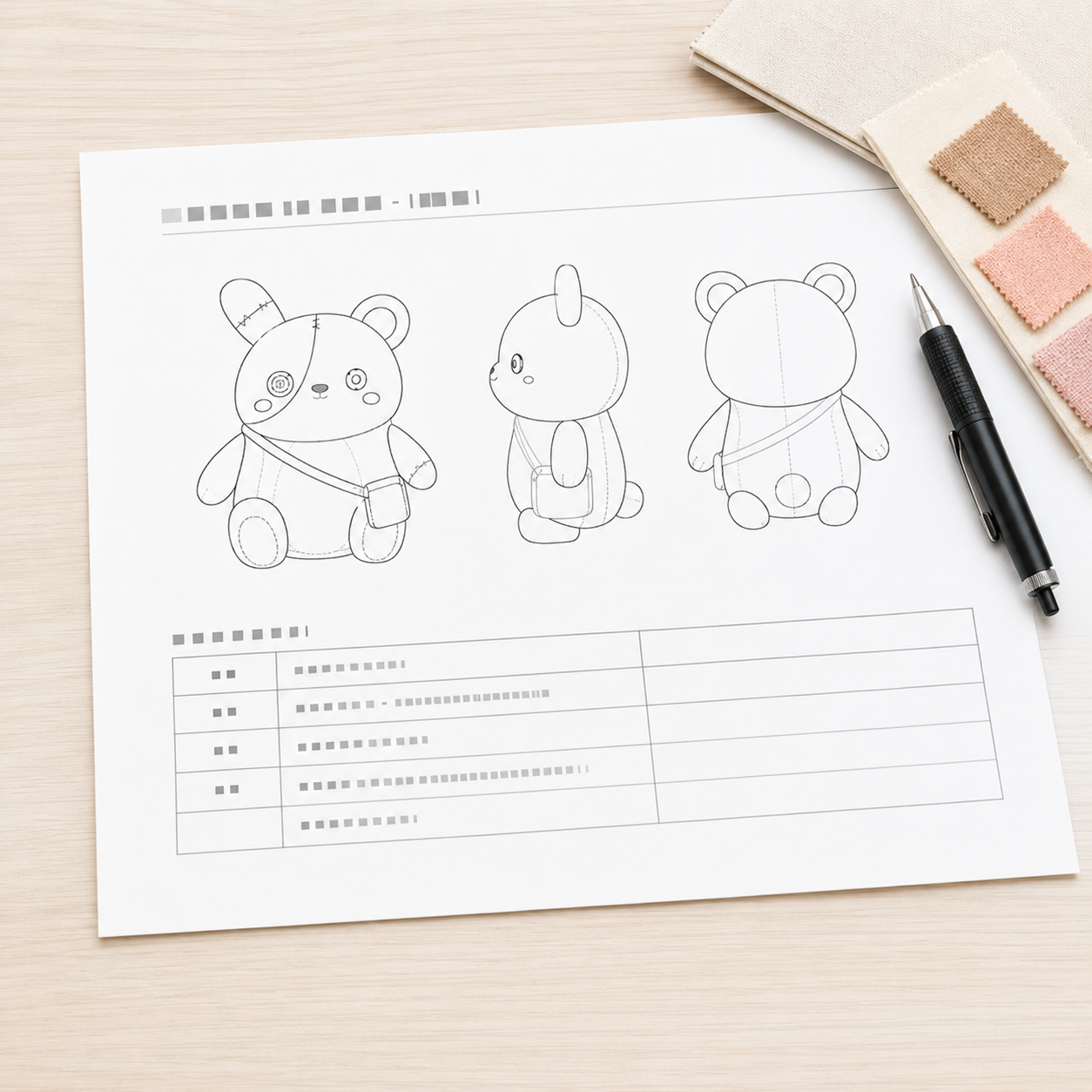 ぬいぐるみの三面図と仕様書